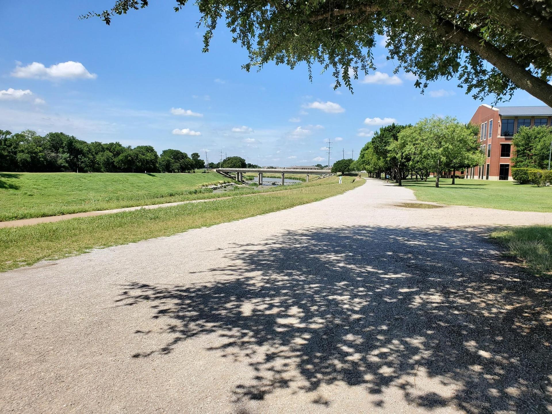 A sunny gravel path with tree shadows leads towards a distant bridge.