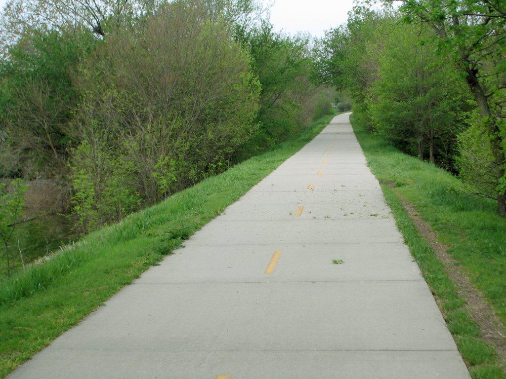 A winding concrete path surrounded by green trees and grass on a cloudy day.
