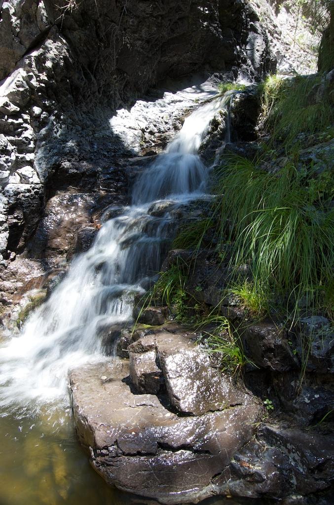 Waterfall cascades over dark rocks into a pool, surrounded by green foliage.