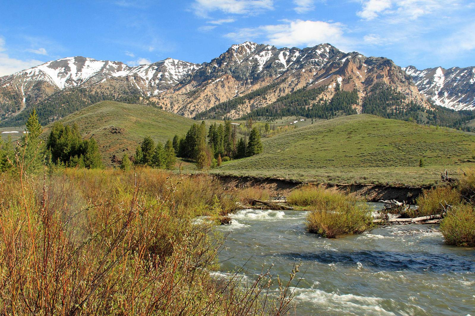 A river flows through a green valley with majestic snow-capped mountains under a blue sky.