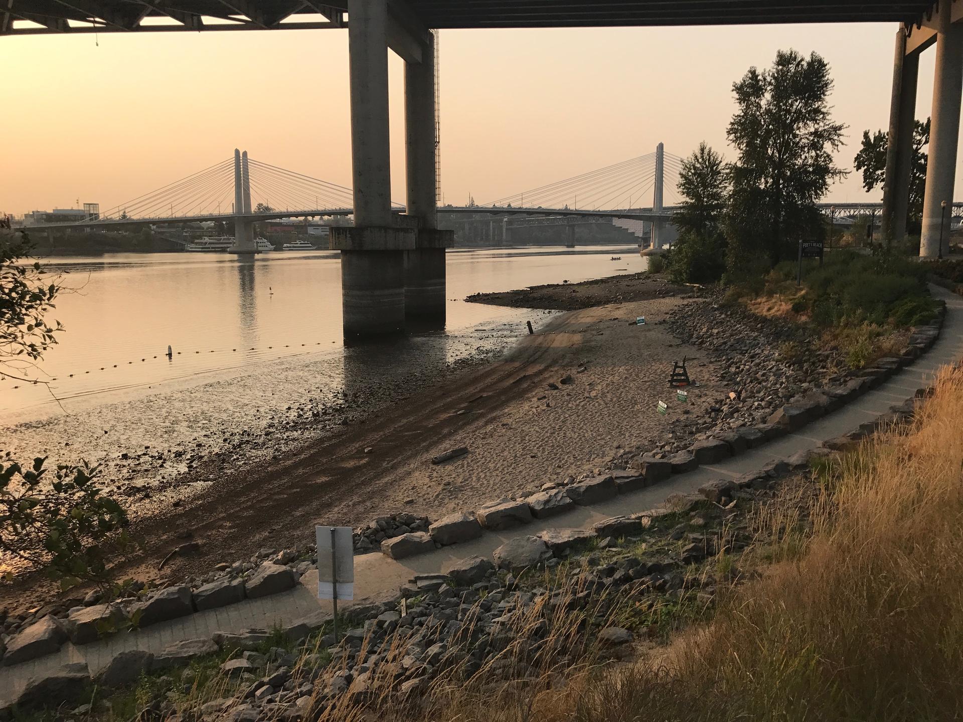 River with large bridge supports, sandy bank, and path at sunset.