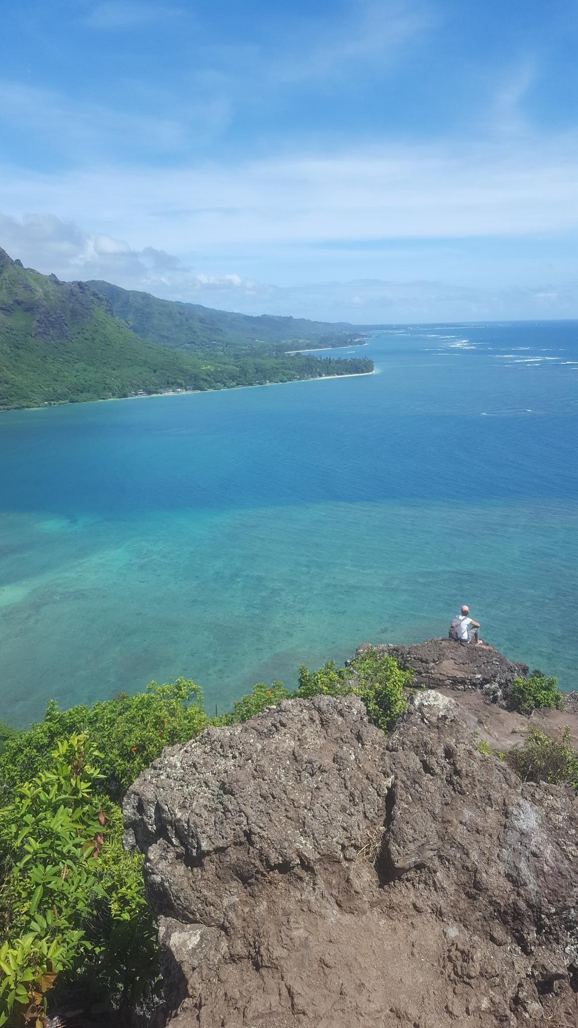 Person sitting on a cliff overlooking a vast blue ocean and distant mountains.