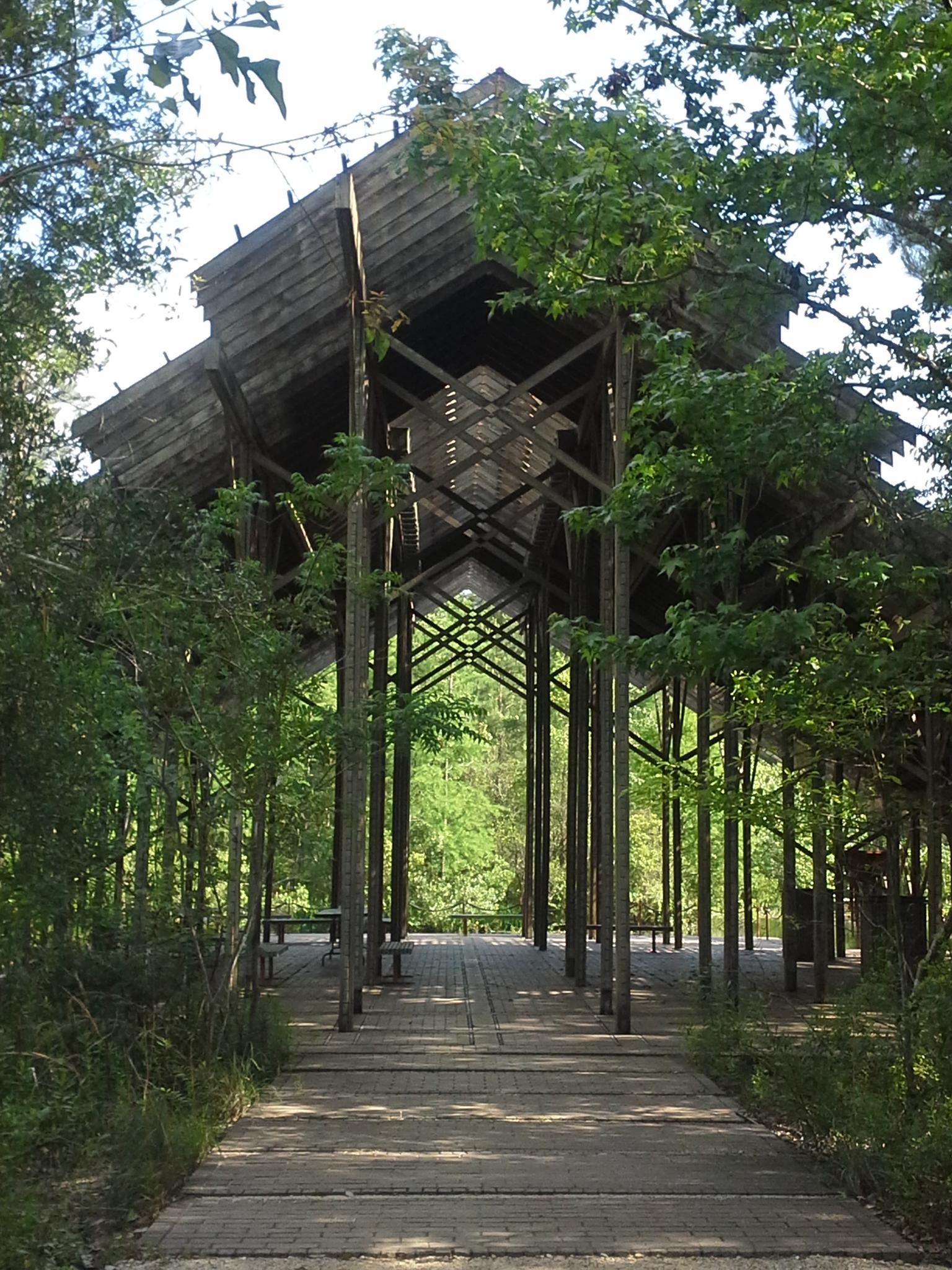 Large wooden open-air structure with intricate roof surrounded by lush green trees.