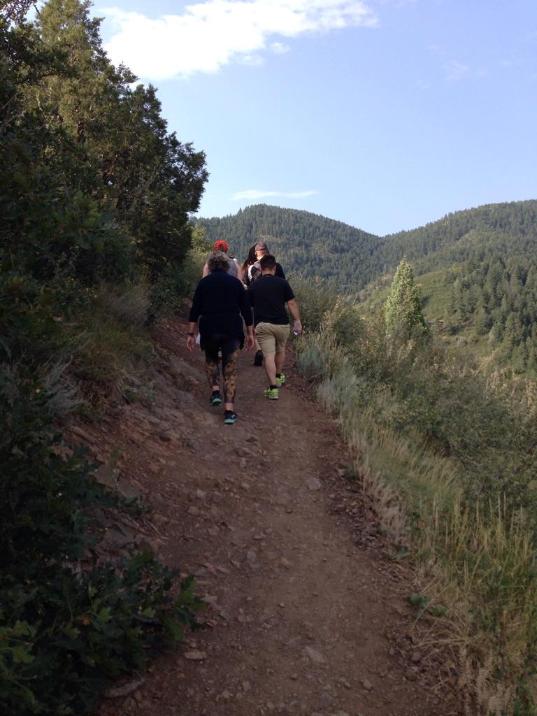 Hikers walk on a dirt trail through a forested mountain landscape.
