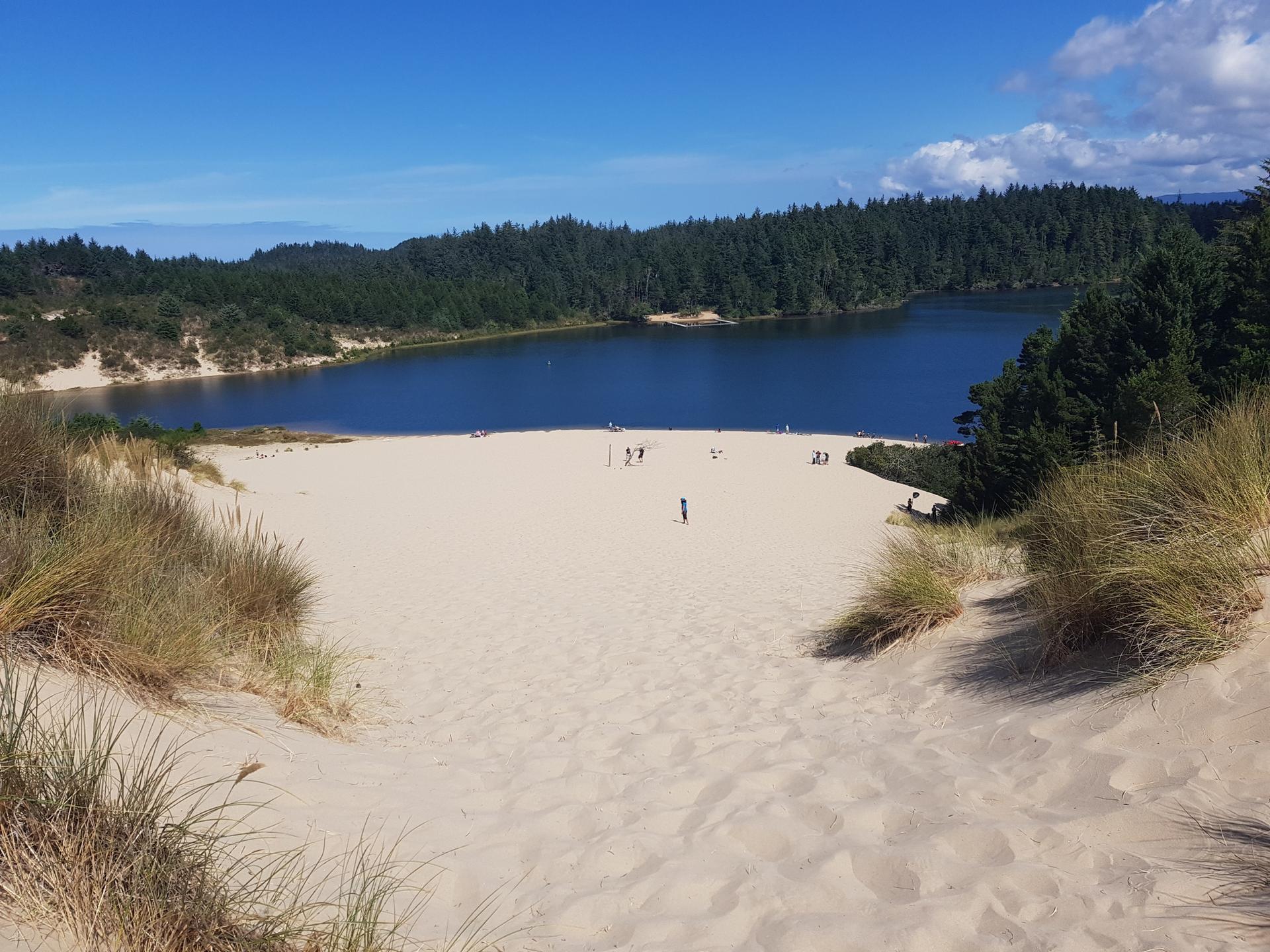 Sunny sandy beach by a blue lake, with distant people and forested hills.
