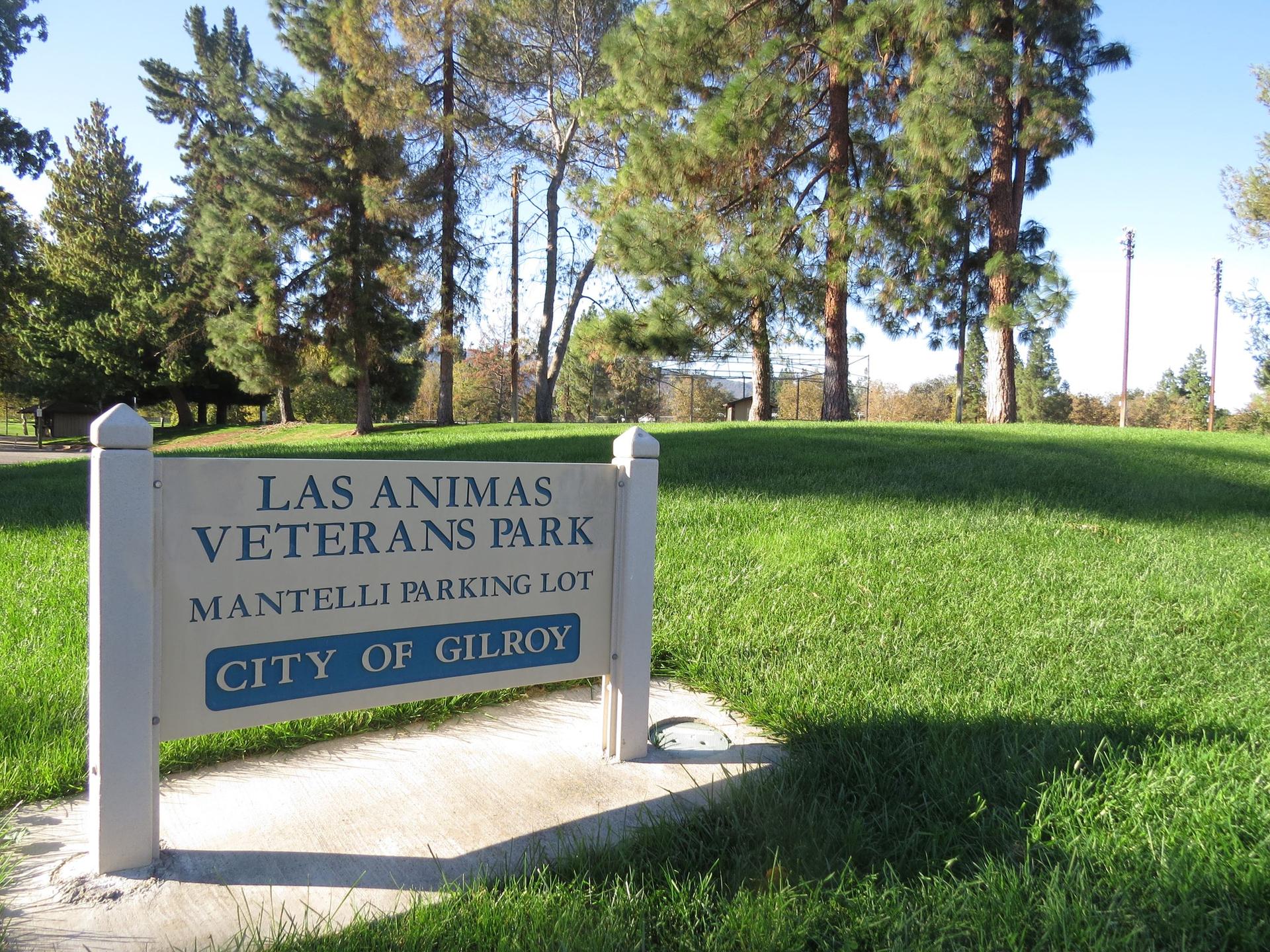 A park sign stands on green grass with tall trees under bright daylight.