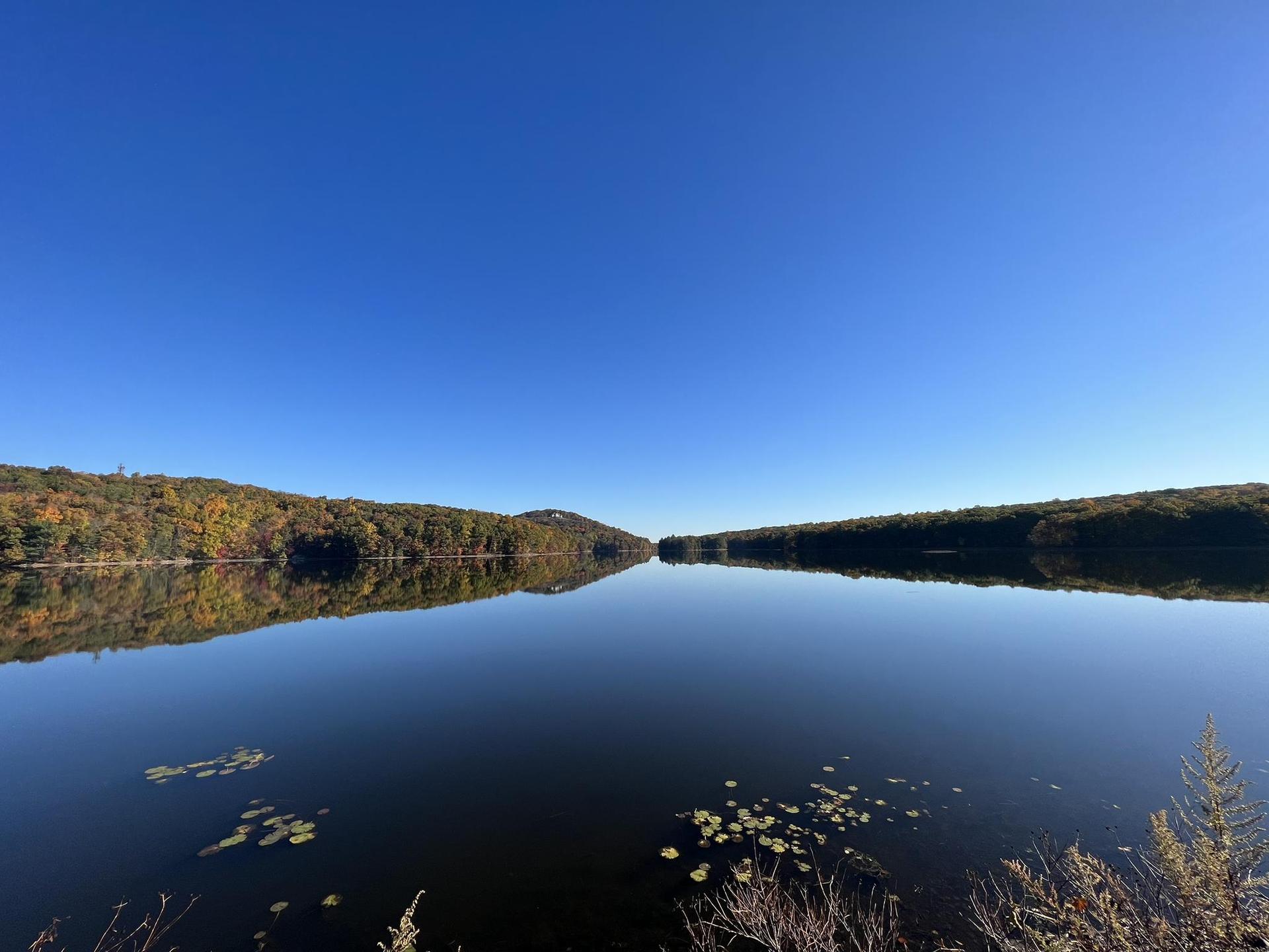 Clear blue sky reflected in a calm lake surrounded by autumn trees.