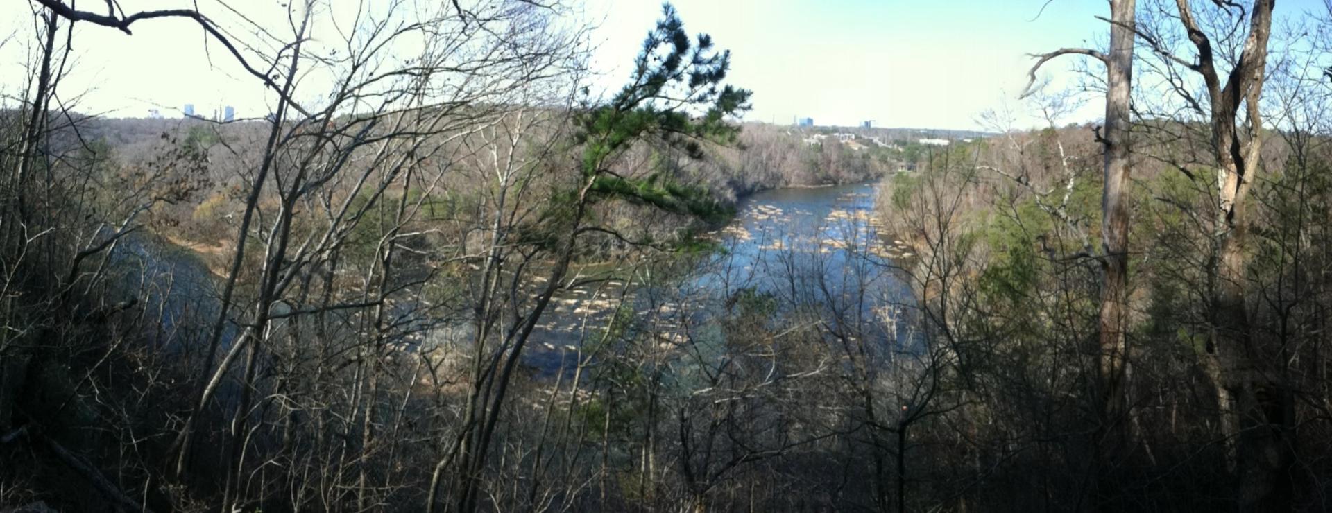 Panoramic view of a river through bare winter trees, distant city.