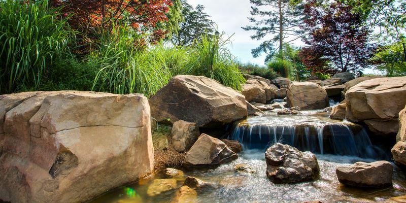 A rocky stream with a small waterfall flows through lush green and red foliage.