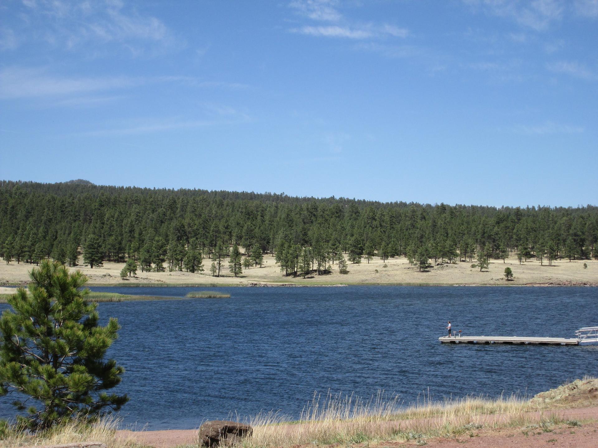 Sunny day over a lake with a person on a dock, surrounded by forest.