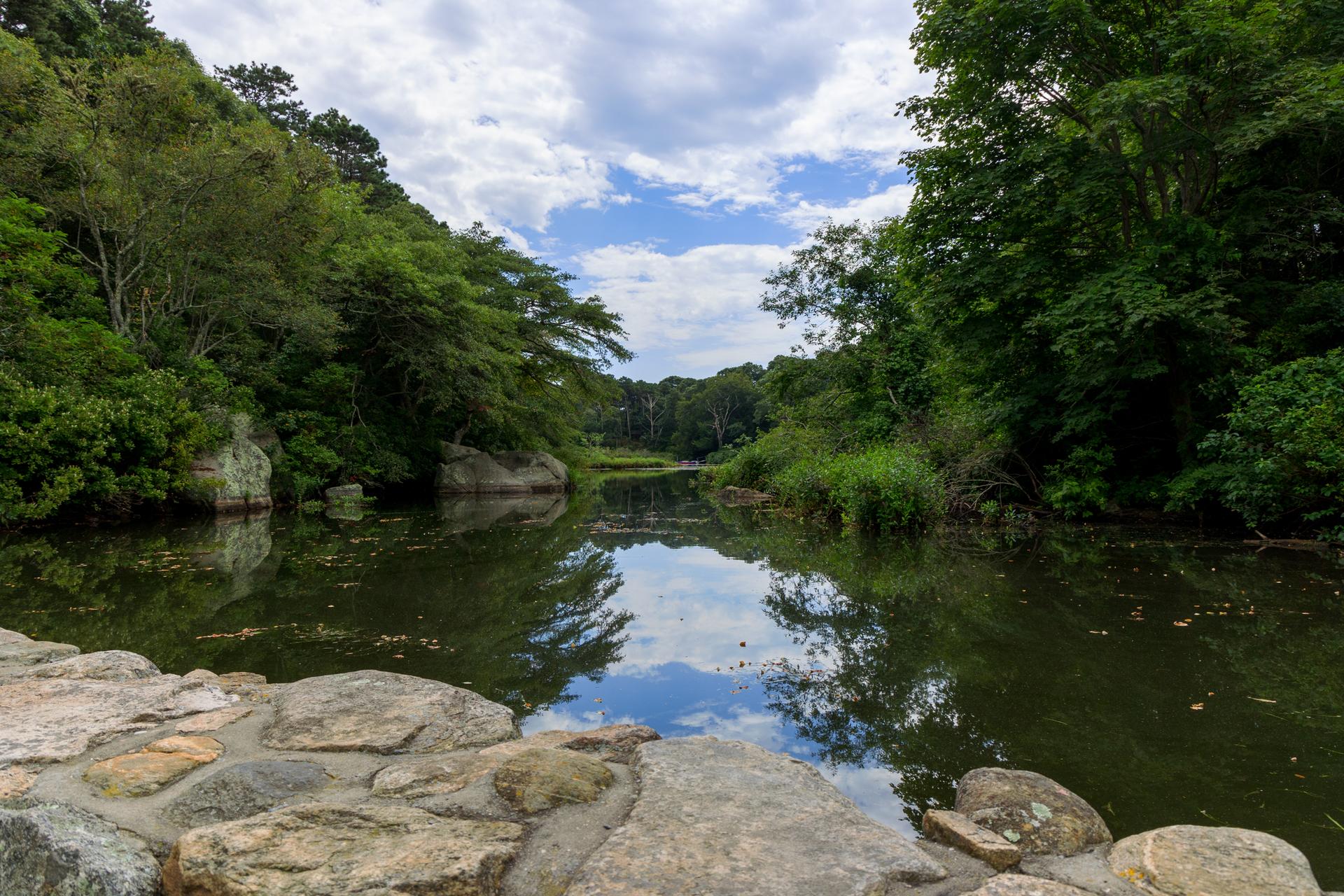 Calm river reflecting cloudy sky, surrounded by dense green trees and rocky banks.