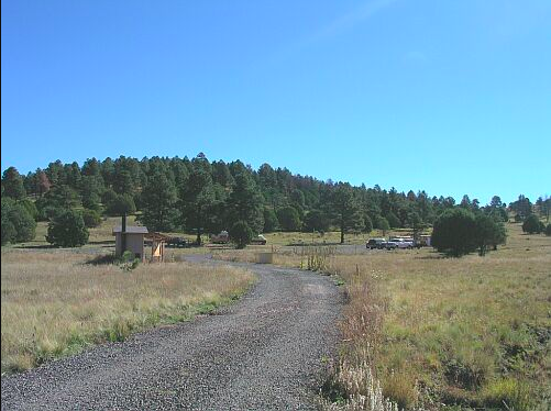 Gravel road leads to a small building and vehicles in a sunny, grassy field.