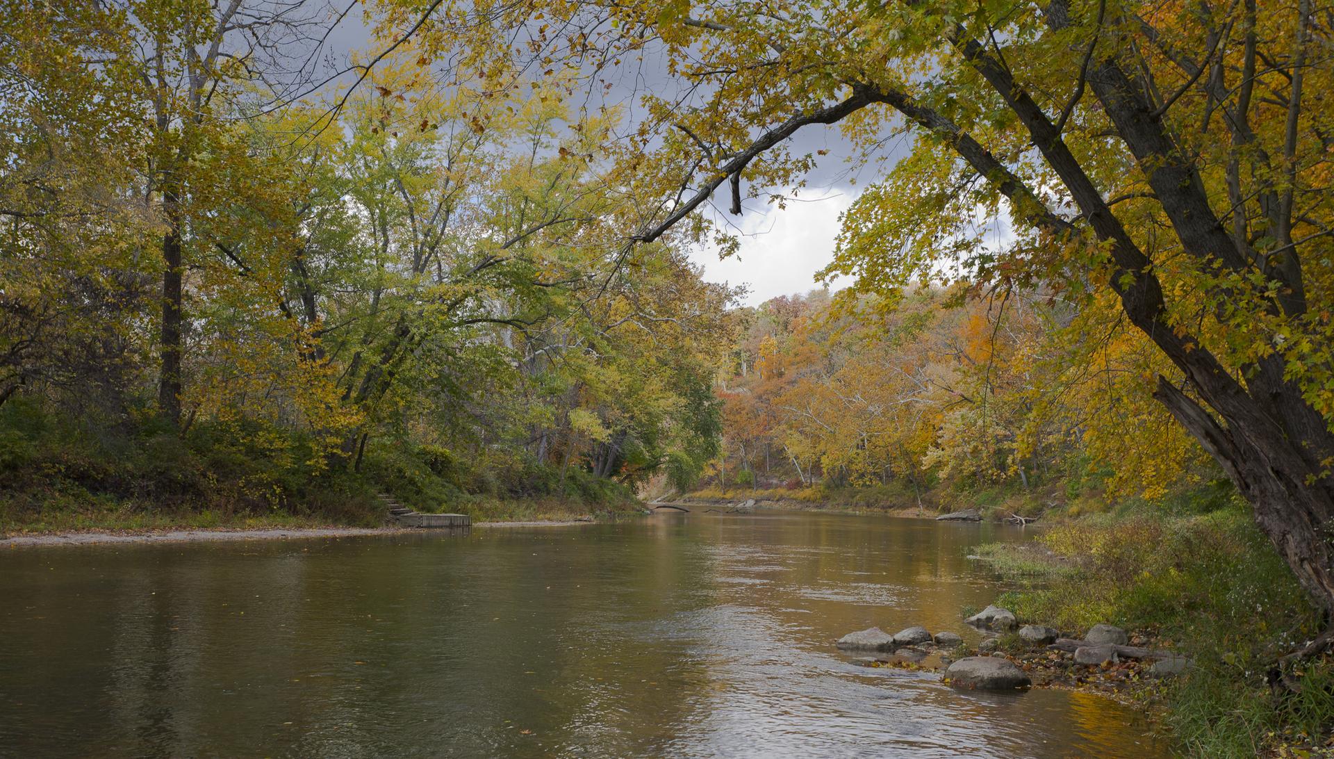 Autumn trees line a tranquil river under a cloudy sky.