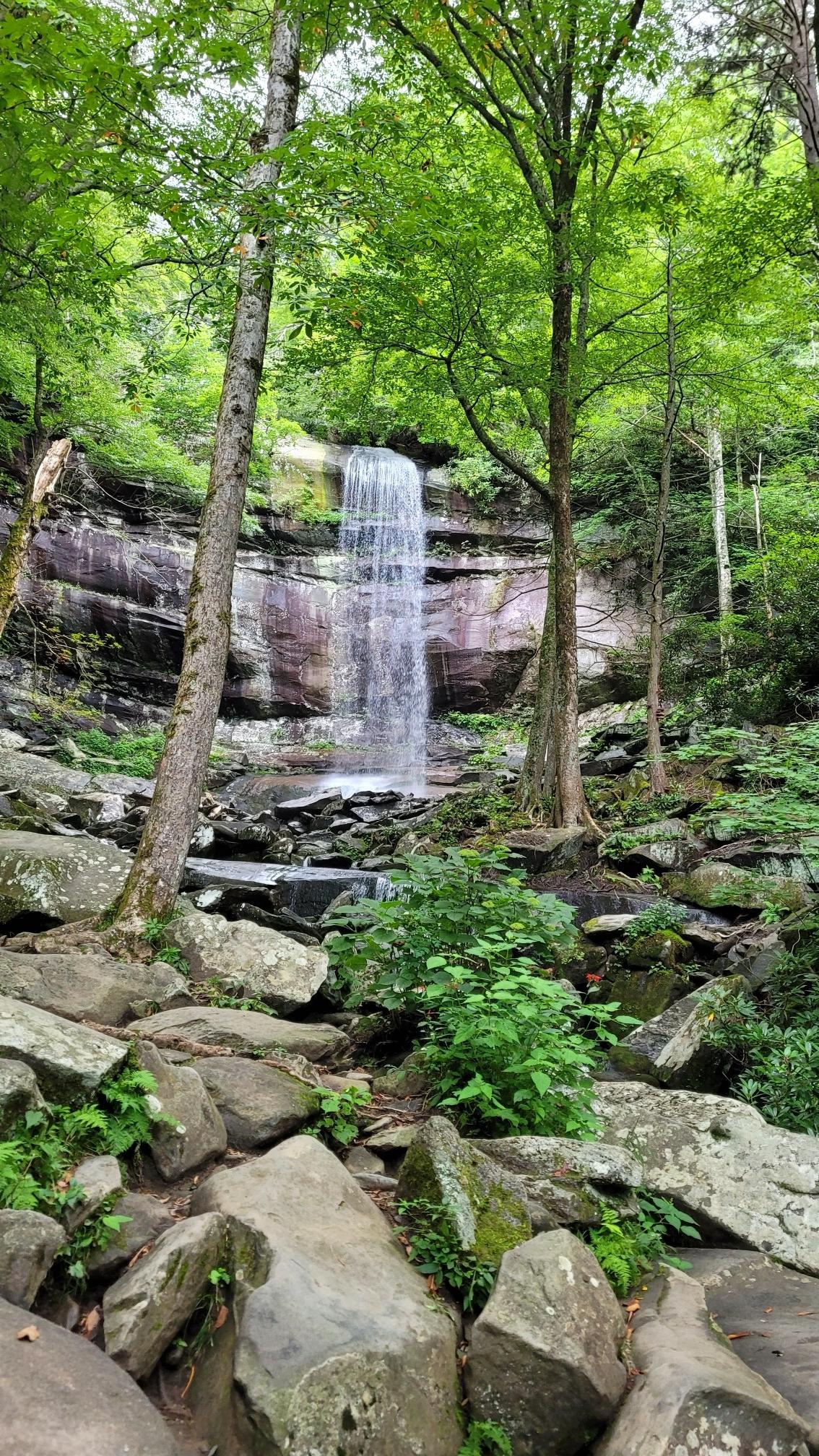 Tall waterfall cascading down a rock face in a lush green forest.