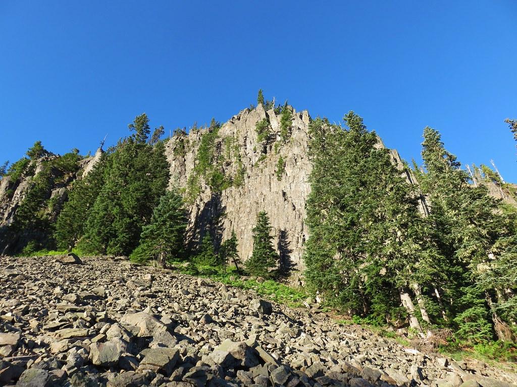 Steep rocky cliff face with evergreen trees under a bright blue sky.