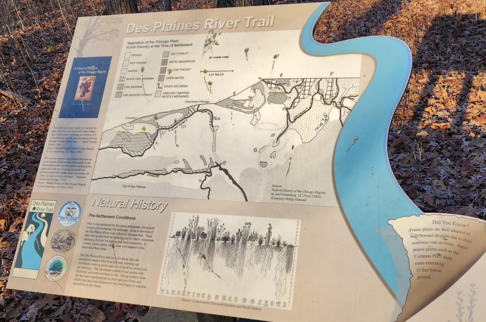 An outdoor informational sign with maps and text on a sunny day.