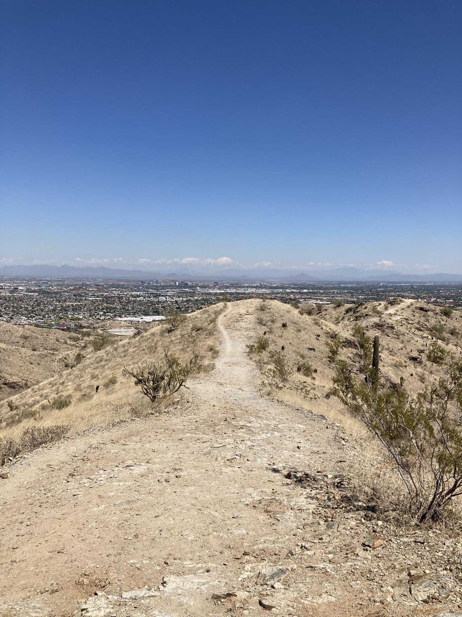 Dirt trail on a desert ridge overlooking a city under a clear blue sky.