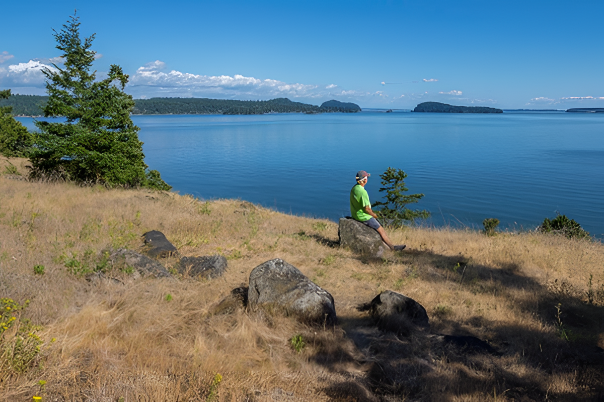Person sits on a rock overlooking a vast blue bay and distant islands. - Hope Island Loop Trail