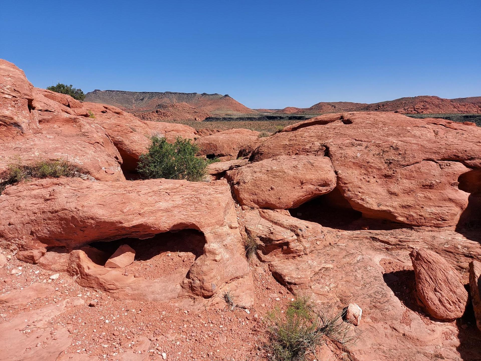 Jagged red rock formations with small caves and green bushes under a clear blue sky.