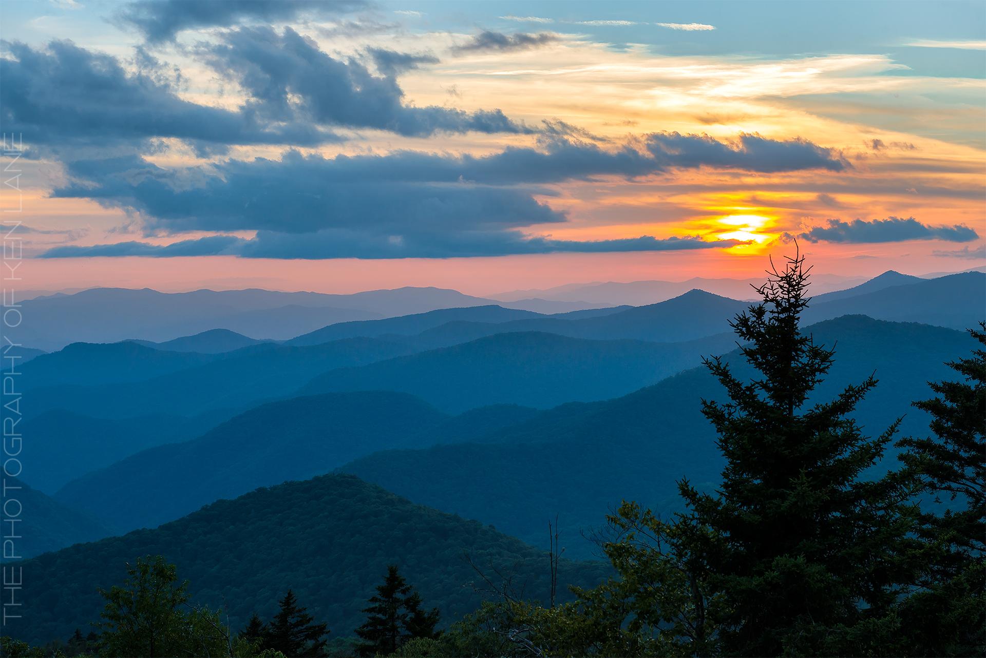 Golden sunset over layered blue mountains with evergreen trees in foreground.