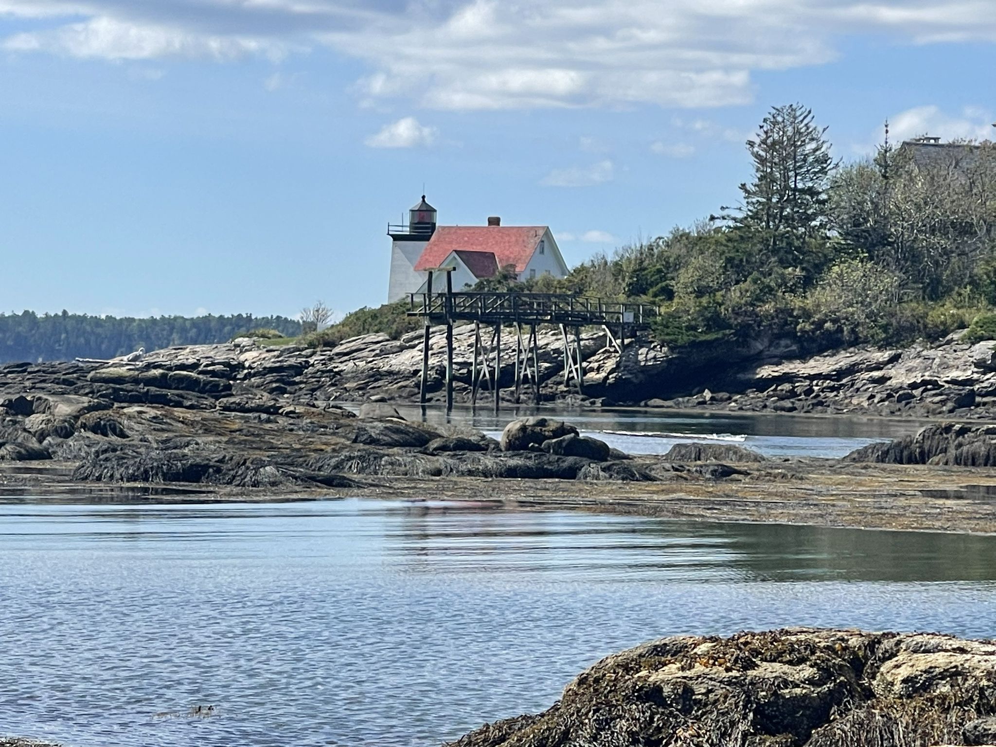 Lighthouse on a rocky island with a long wooden walkway over calm water. - Cape Newagen Road loop