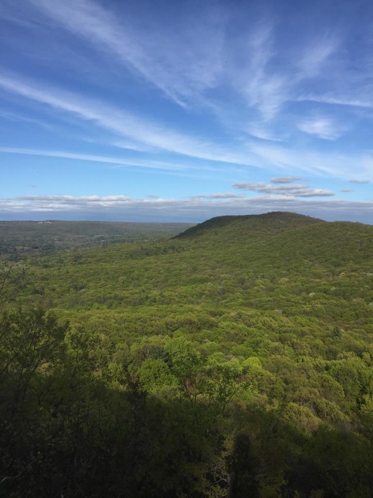 Panoramic view of a lush green forested valley under a blue, cloudy sky.