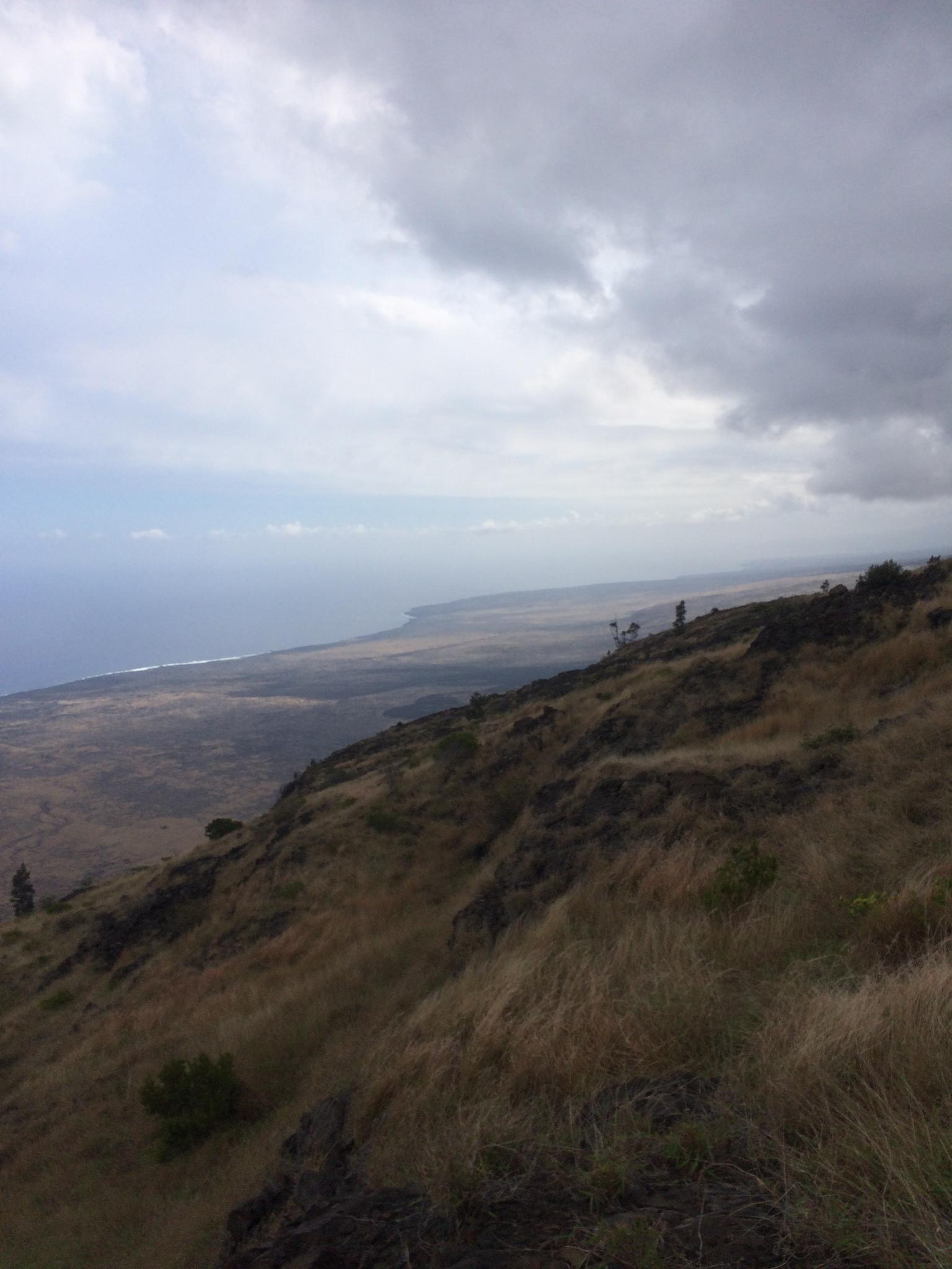 Overcast view of a dry, grassy hillside descending to a coastline and ocean.