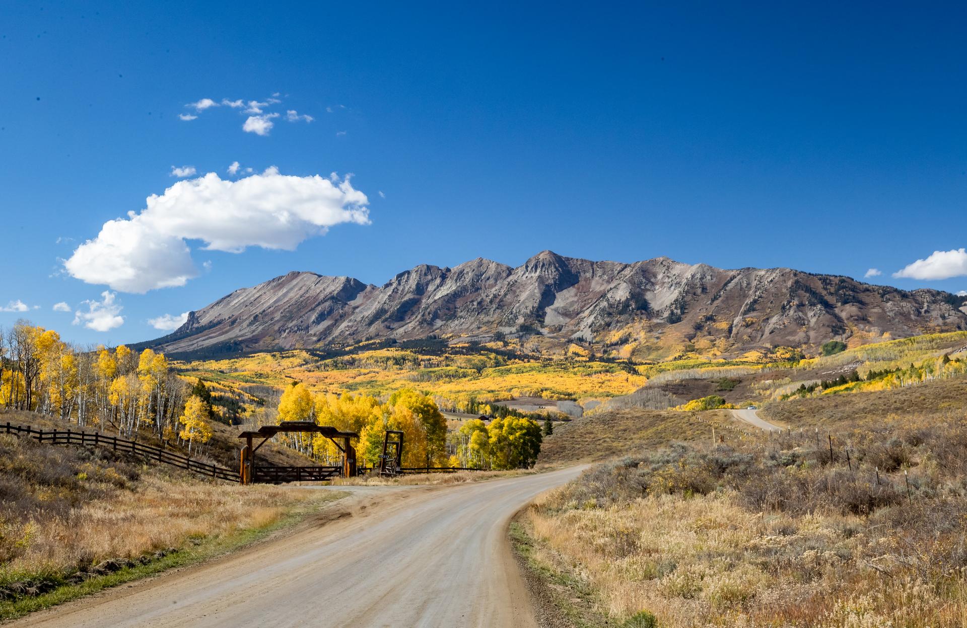 A dirt road winds through golden autumn trees towards rocky mountains.