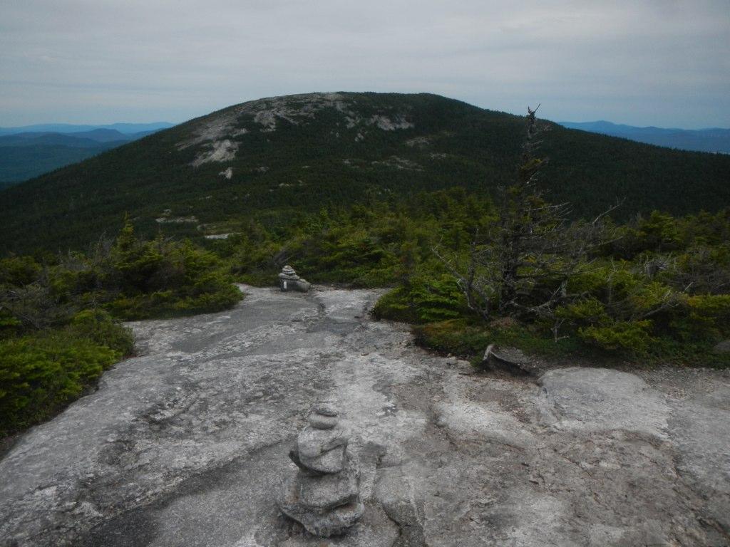 Rocky foreground with cairn, leading to a forested mountain peak under overcast sky.