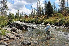 A person fly fishing in a rocky river surrounded by trees on a cloudy day.