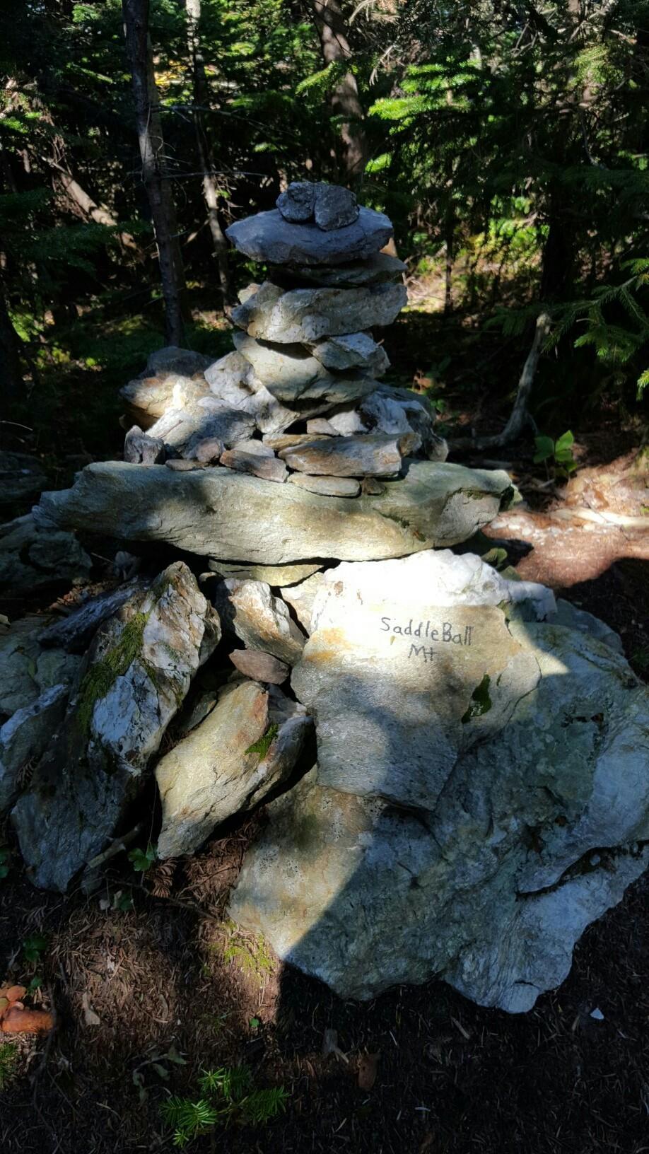 A tall rock cairn on a forest floor, with text on a rock.