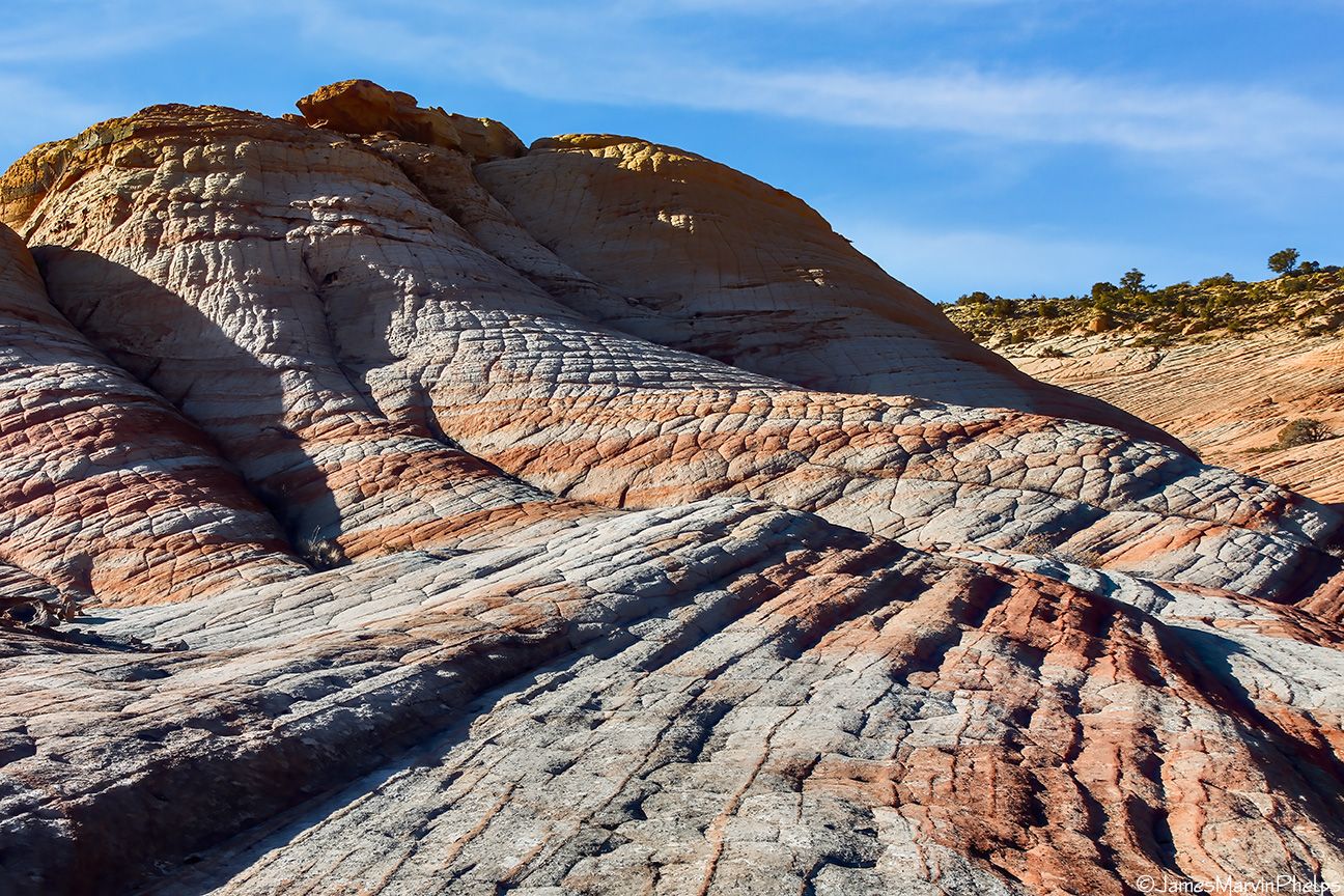 Close-up of colorful, textured sandstone rock formations under a clear blue sky. - Yant Flats to Candy Cliffs and Yellow Top
