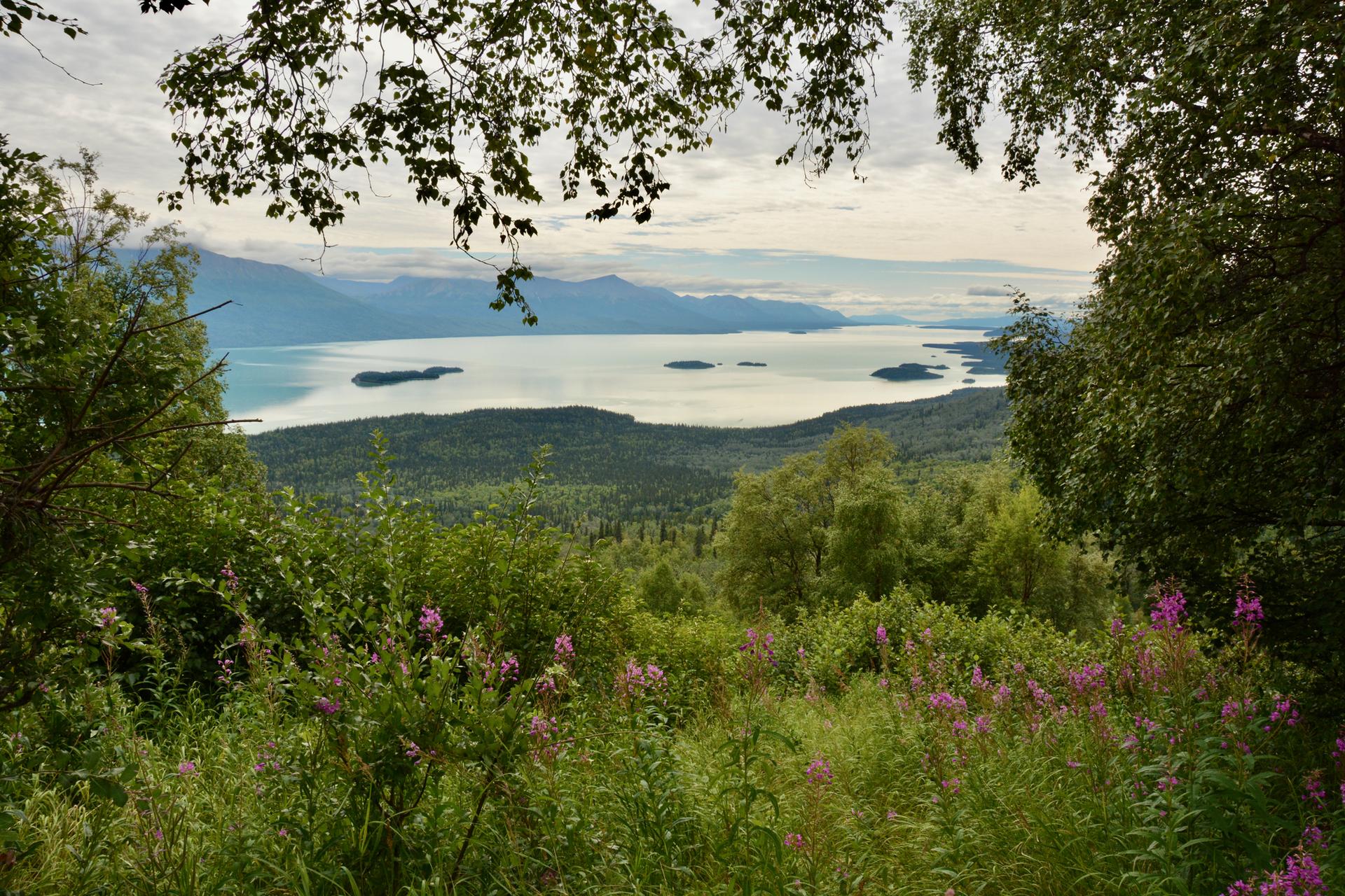 Scenic overlook of a large lake with islands, green hills, and distant mountains.