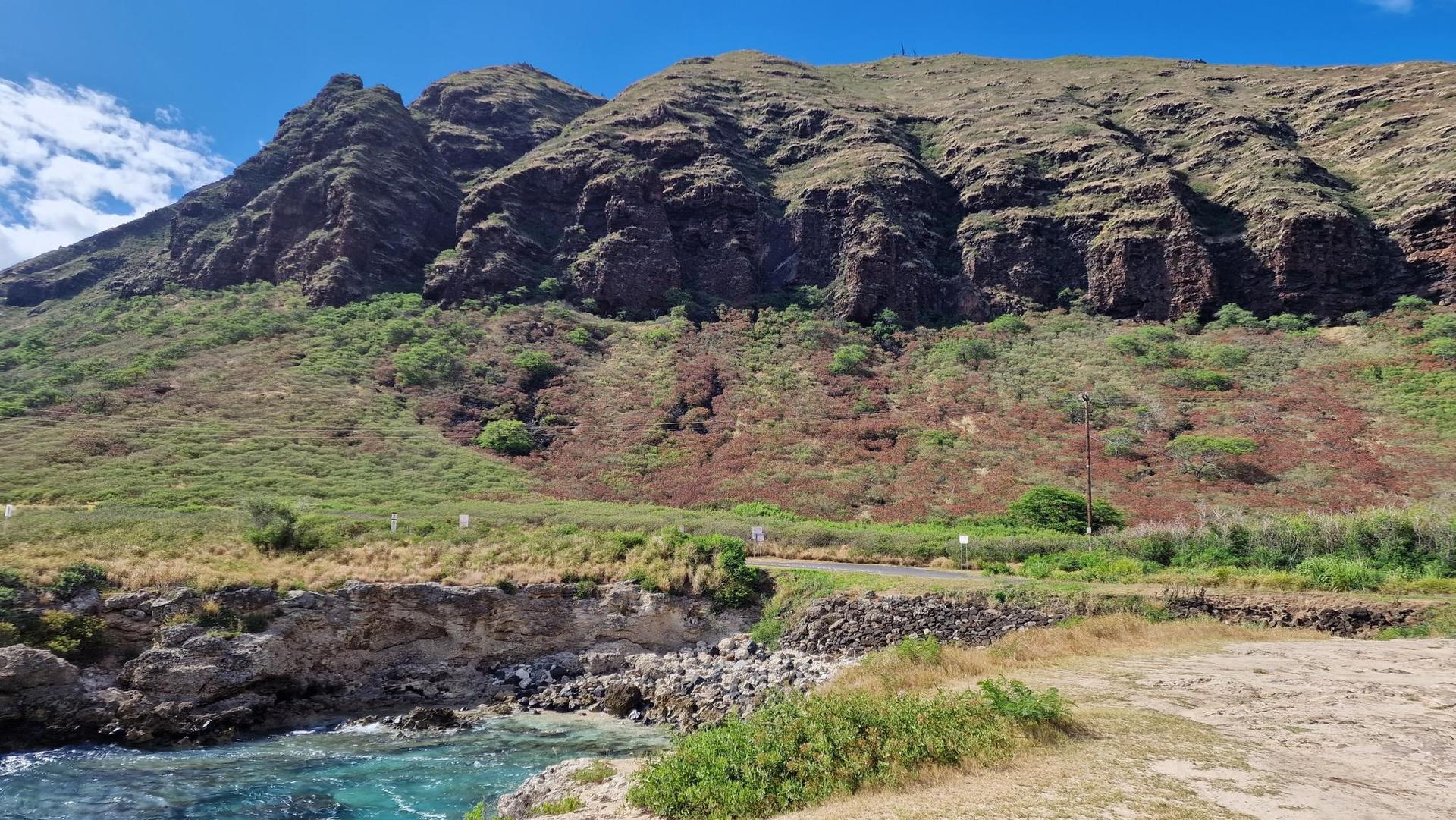 Rugged, green-covered mountains rise above a rocky shore with clear blue water.