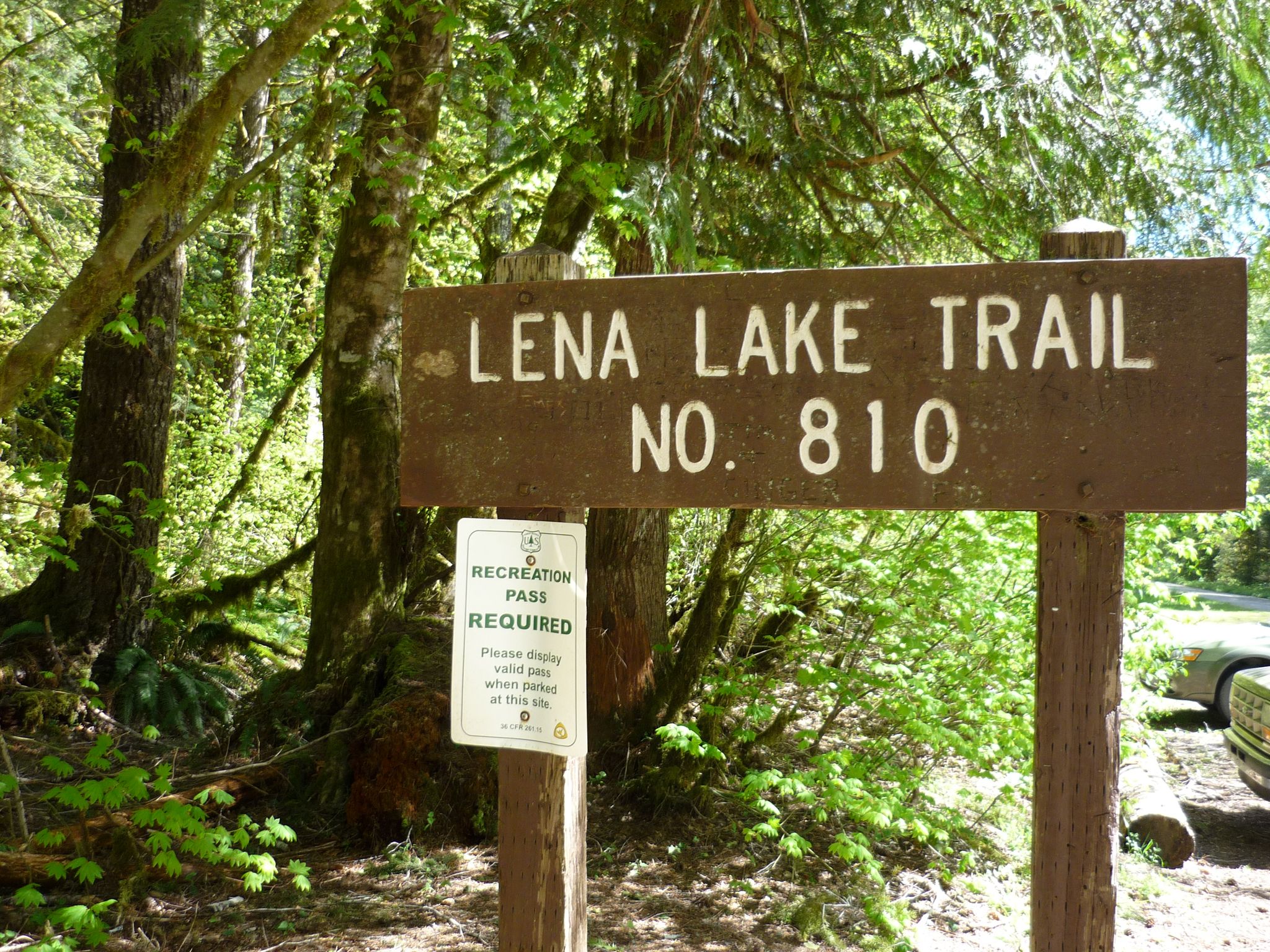 A brown wooden trail sign and smaller white sign in a sunlit forest. - Lower Lena Lake Trail