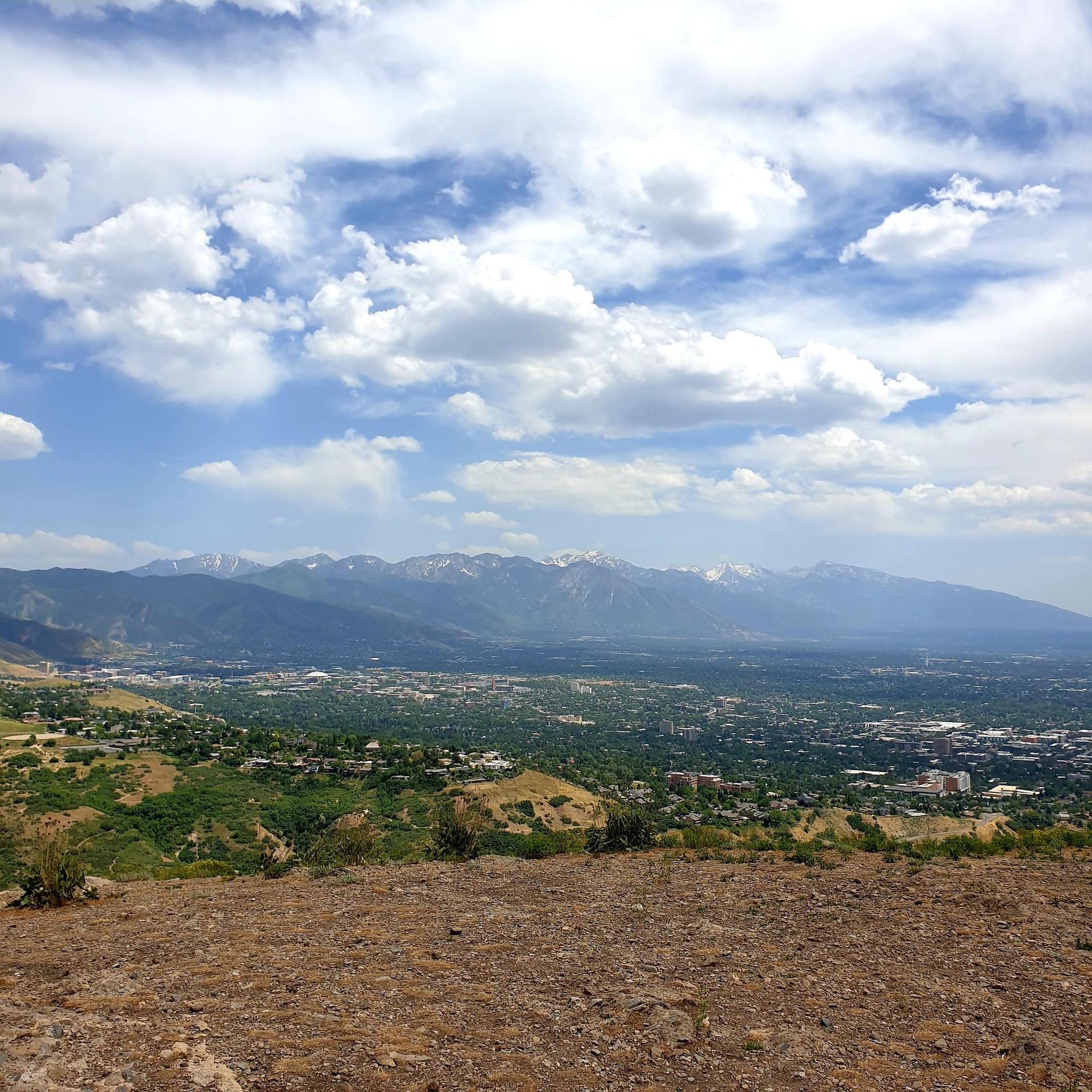 Expansive view of a city in a valley with distant snow-capped mountains.