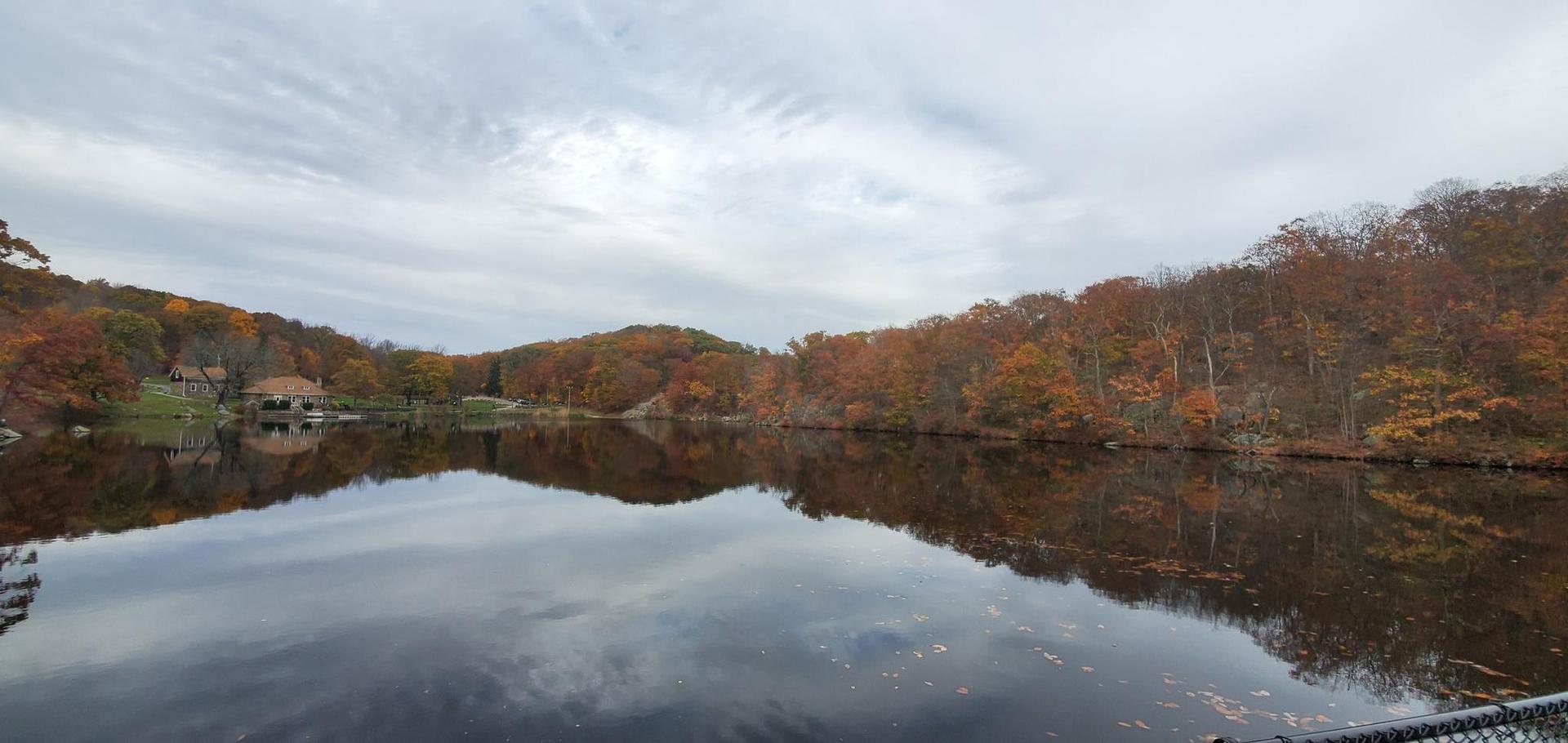 Calm lake reflecting autumn trees and cloudy sky, distant houses on shore.