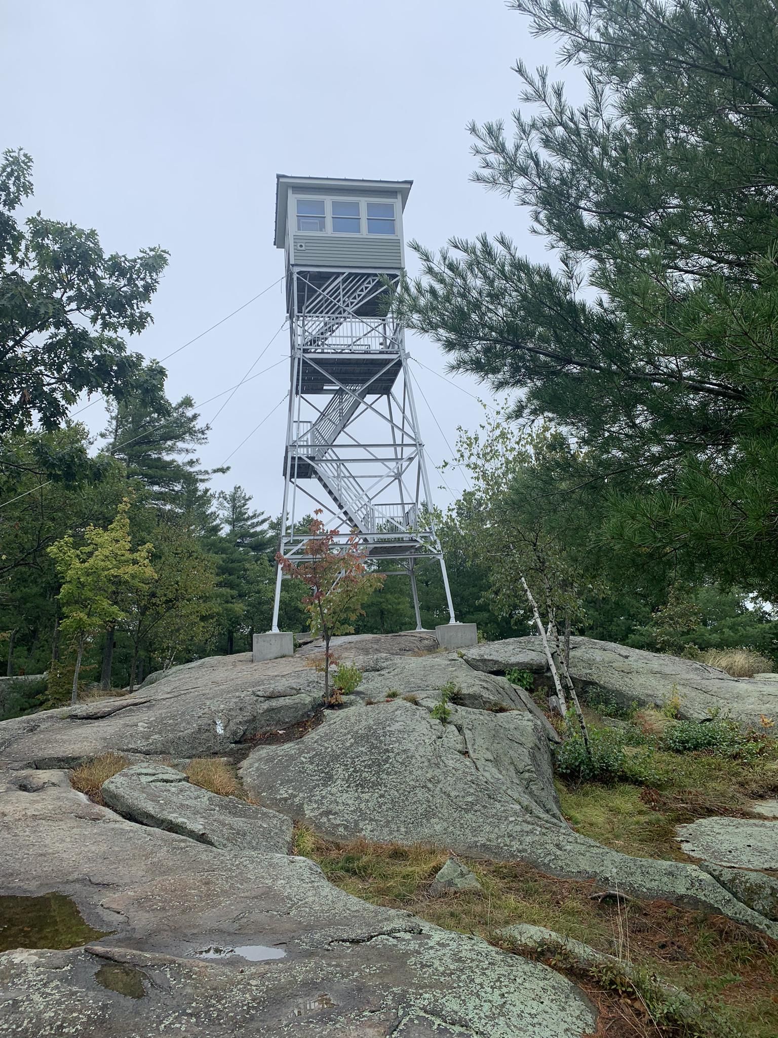 A tall metal fire tower stands on a rocky hill among green trees. - Shaw Trail