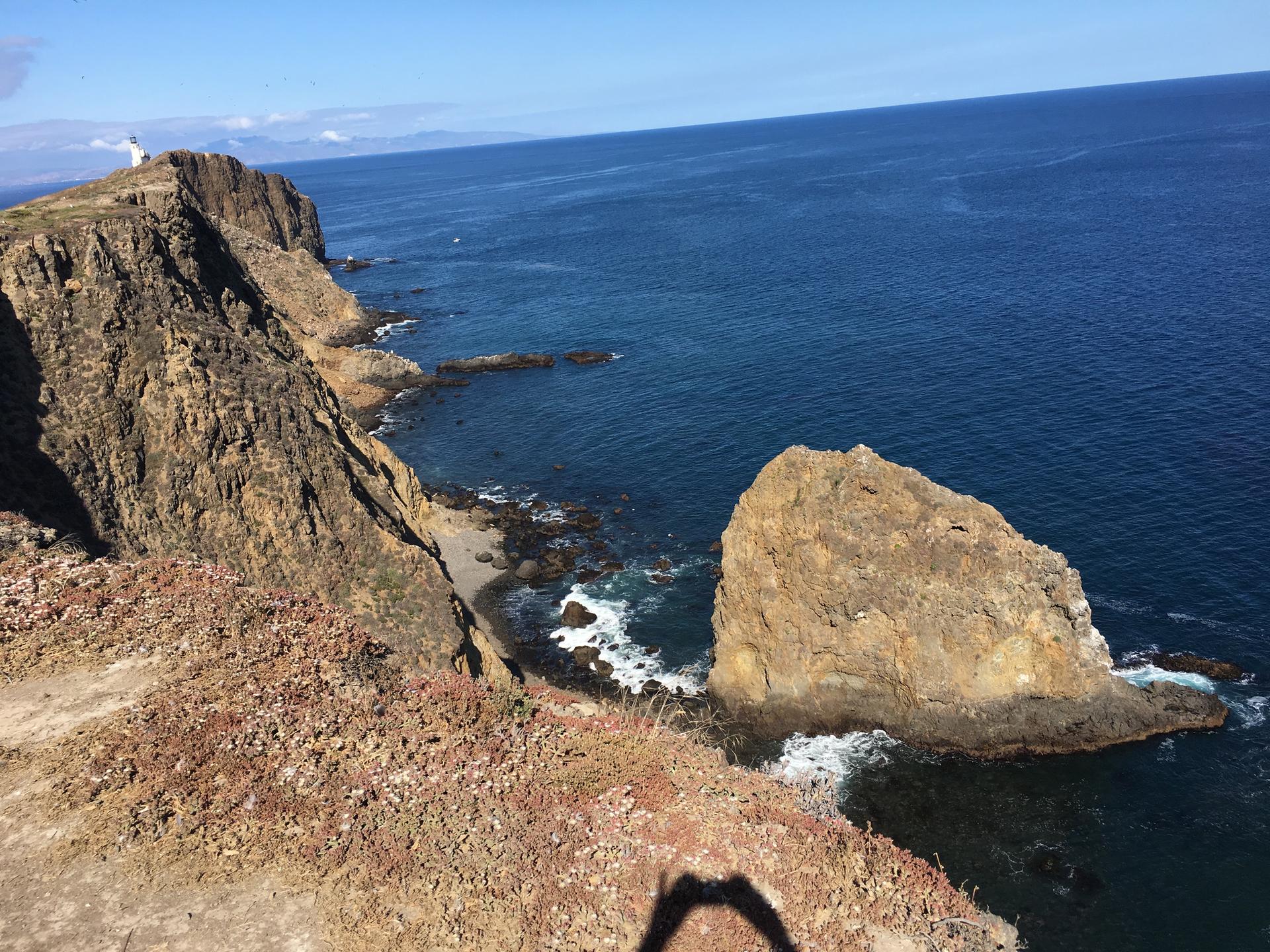 Rugged coastal cliffs and a sea stack in bright sunlight.