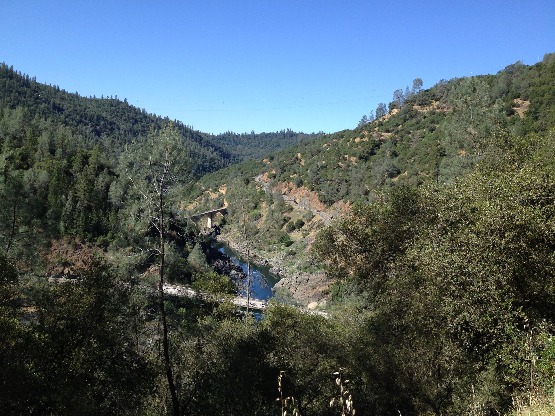 Sunny view of a river flowing through a deep, forested valley with a bridge.