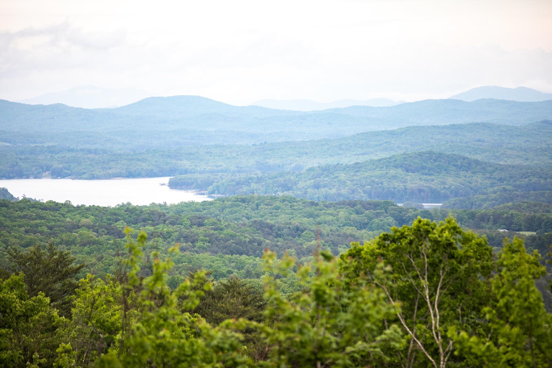 Panoramic view of a lake nestled among rolling green forested mountains.