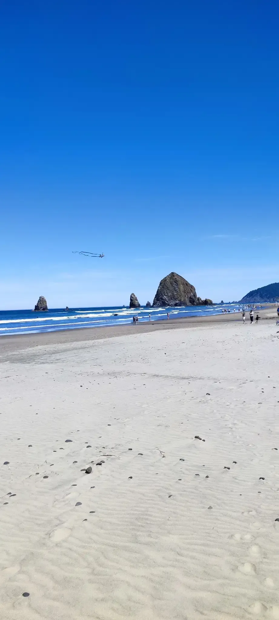 Bright sunny beach with large sea stacks, ocean waves, and people walking. - Haystack Rock & Elk Creek Road loop