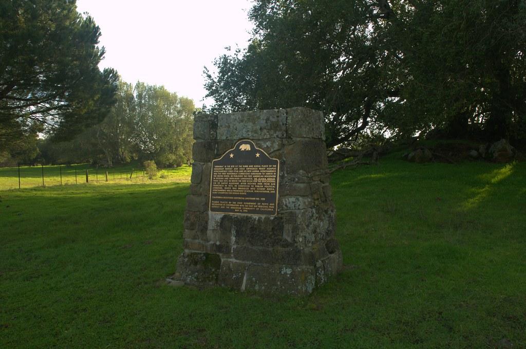 A stone monument with a bronze plaque in a sunlit grassy landscape with trees.