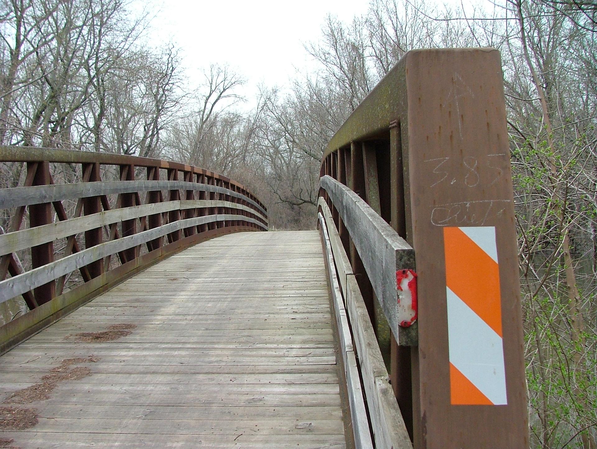 Curved wooden bridge with railings, leading into a bare winter forest.