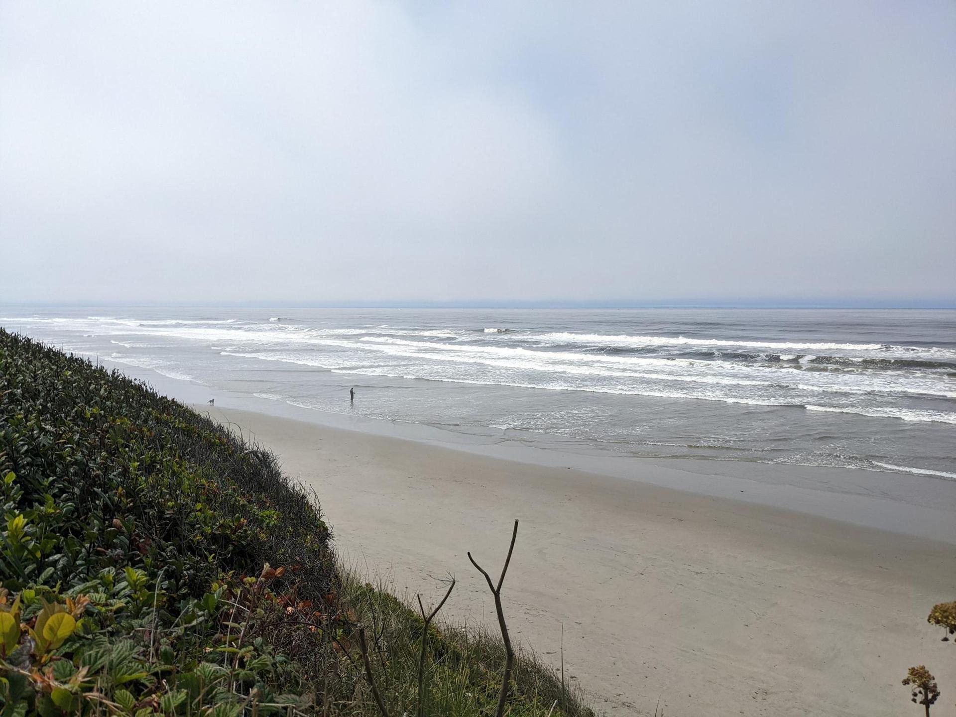 Overcast beach scene with ocean waves, sandy shore, and one person walking.
