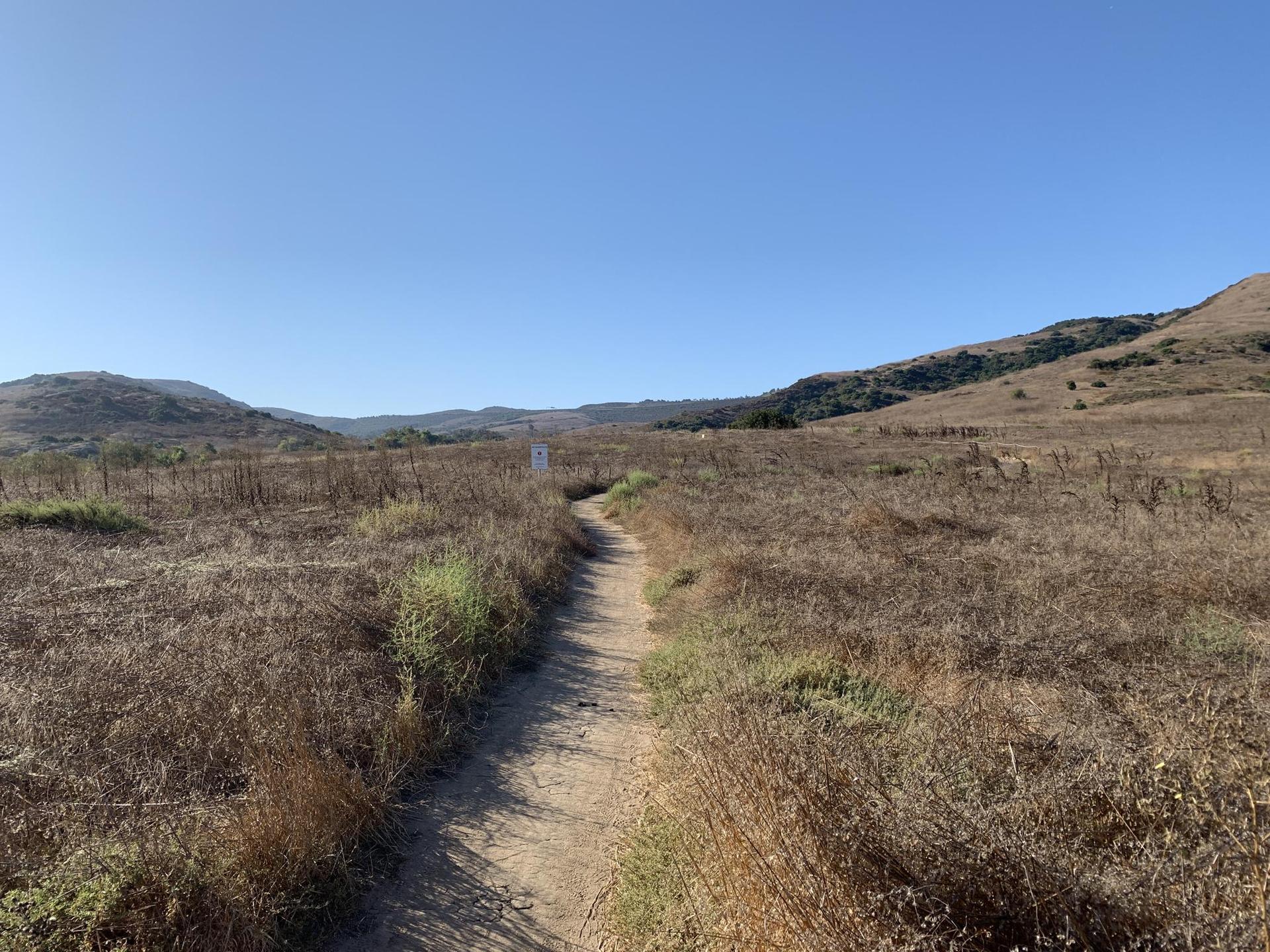 A narrow dirt path winds through dry, golden hills under a clear blue sky.