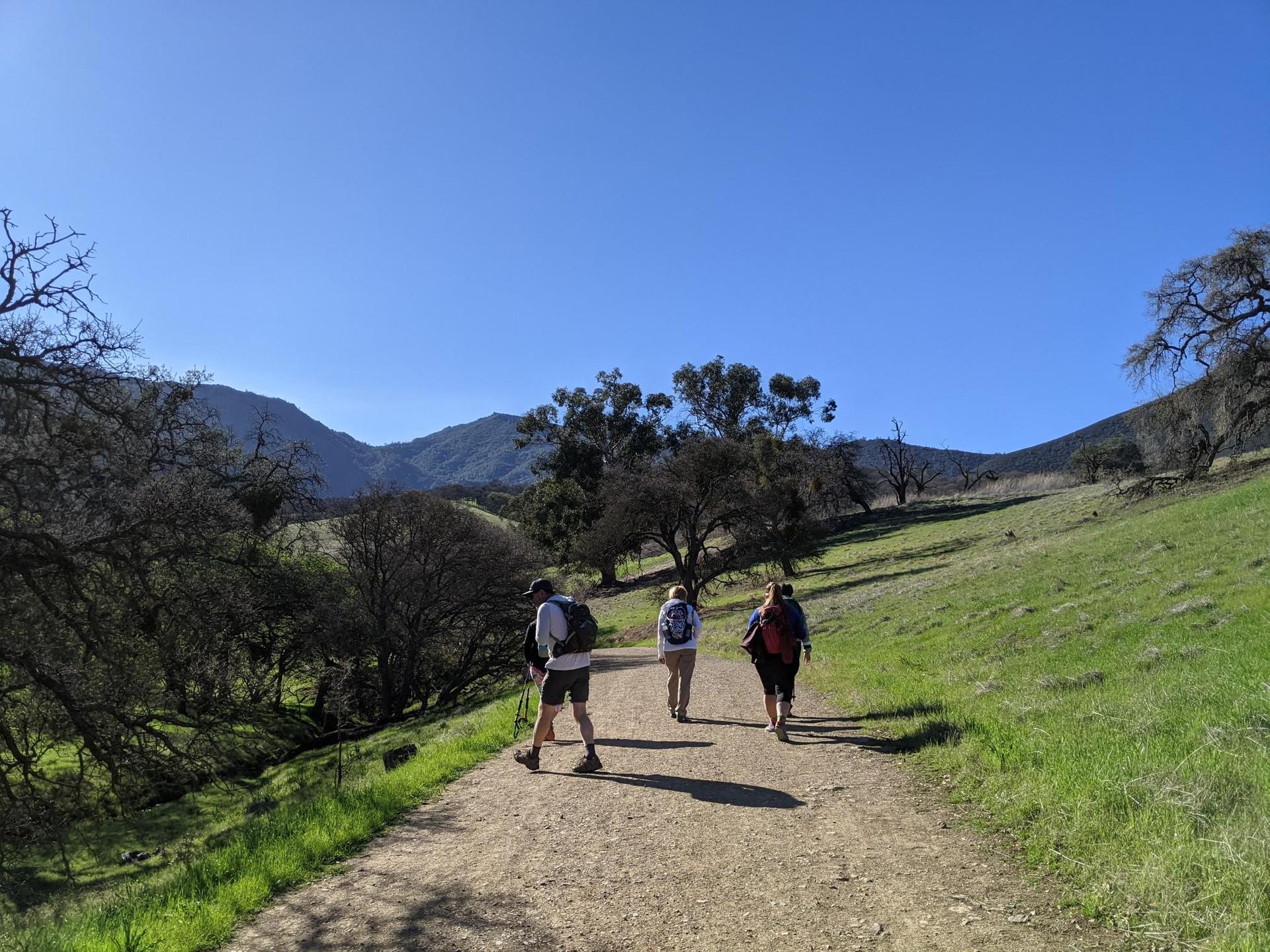 Three hikers walk on a sunny dirt path through green hills and mountains.