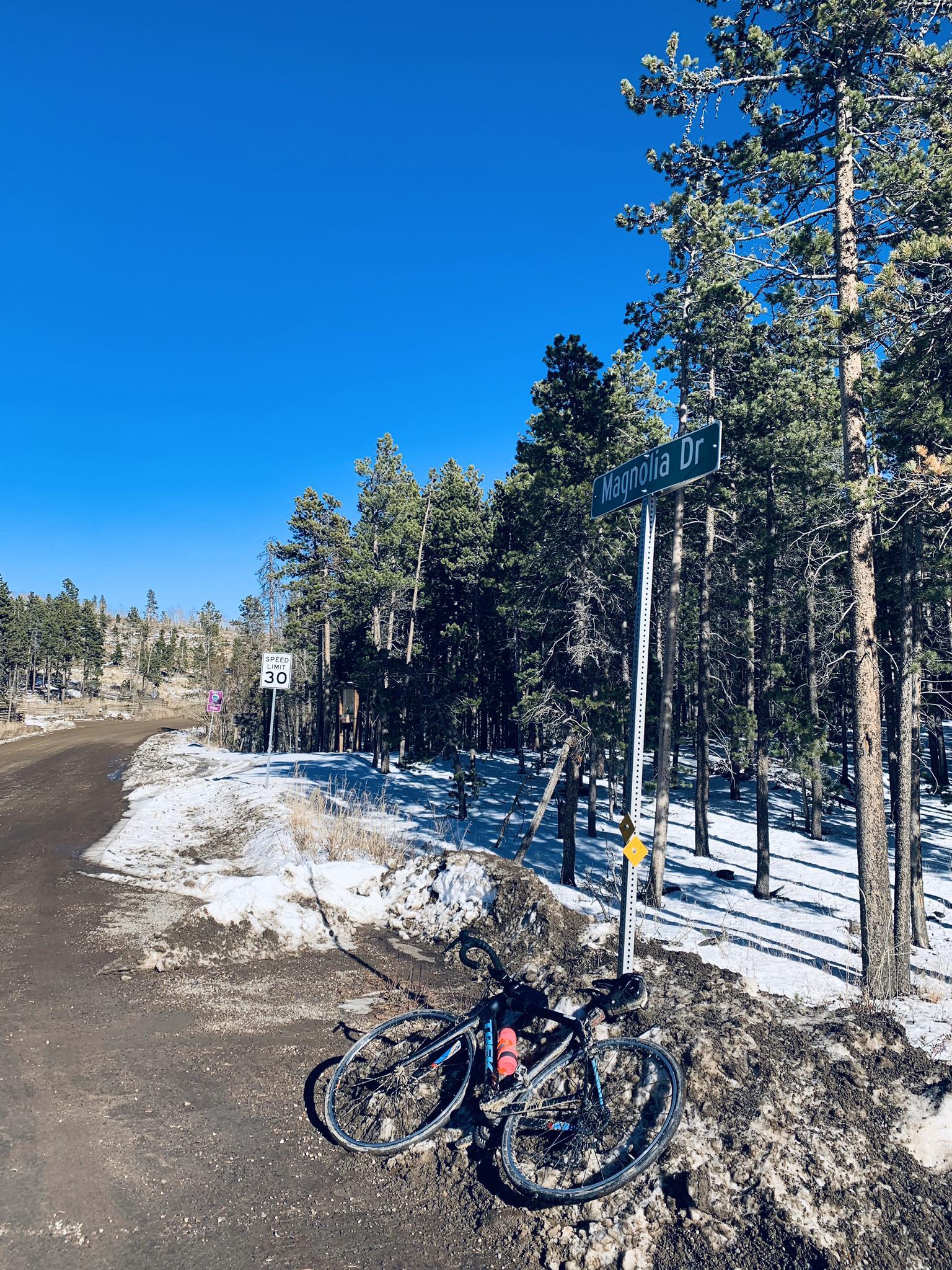 Bicycle on snowy ground beside a dirt road and tall pine trees.