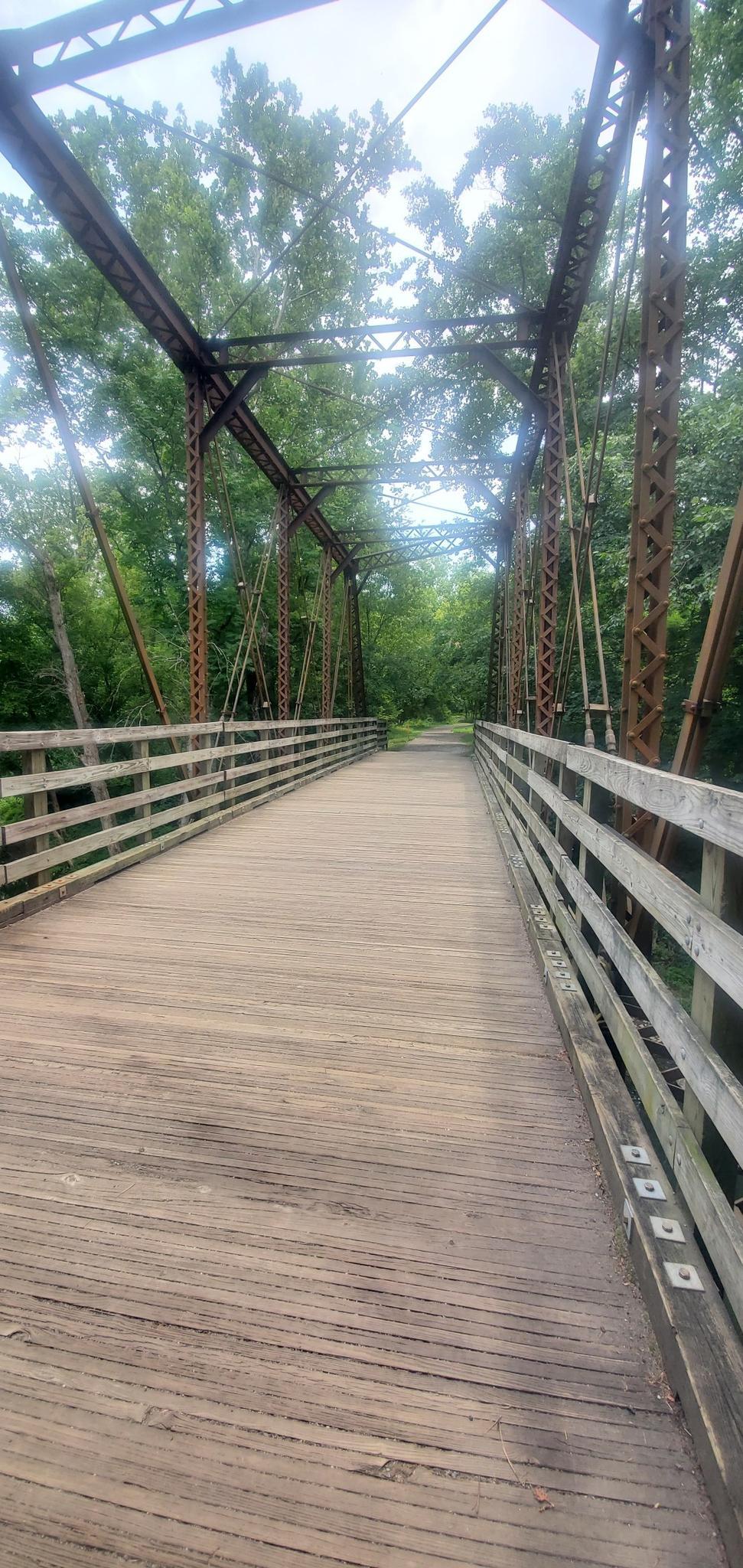 Long wooden pedestrian bridge with metal truss structure, surrounded by trees.