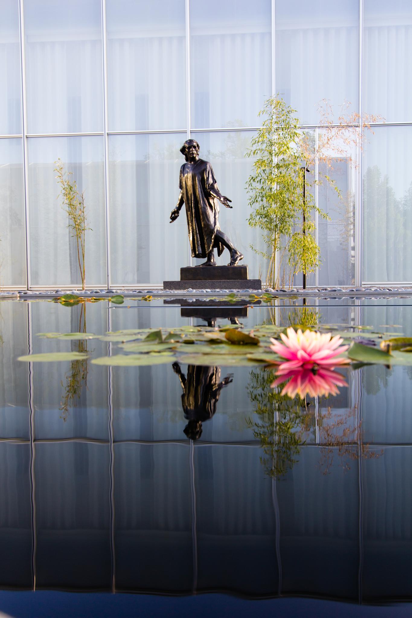 Bronze statue reflected in a pond with a pink water lily, modern building.